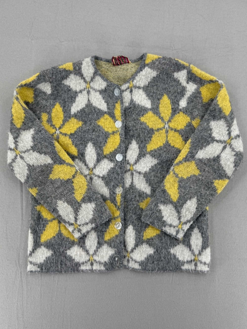 VTG Weber Knit Fuzzy Floral Cardigan Sweater Gray Yellow Women Small / Medium
